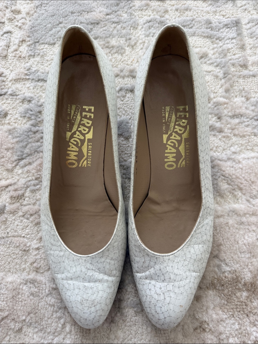 Salvatore Ferragamo Women's Cream Patterned Flats